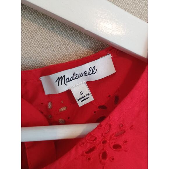 Madewell Top Women's Small Red Scalloped Eyelet Keyhole Peplum Back Top Ties - Picture 3 of 6